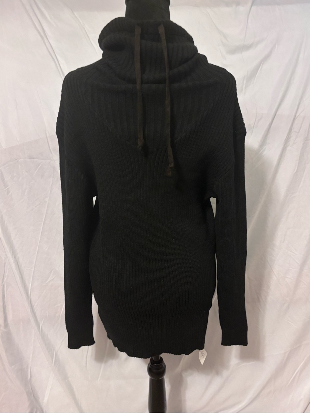 Men's Black Ribbed Turtleneck Sweater with Drawcord